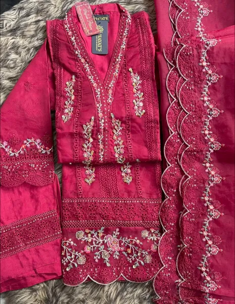 Pakistani Original Hayat's Luxury Organza Stitched 3Pcs_ Maroon 